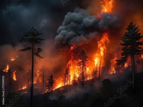 Fiery forest devastation, twilight shrouding smoldering trees in smoke