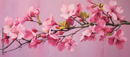 A flowering plant with pink blossoms on a pink background, showcasing the delicate petals and twigs of a cherry blossom tree
