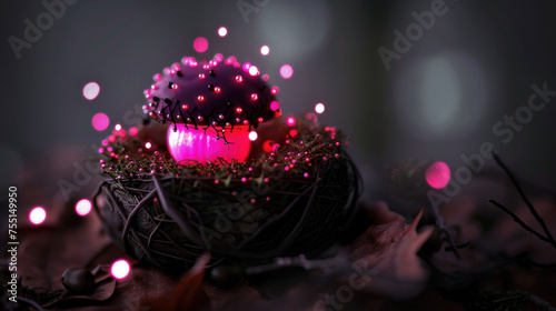a close up of a bird s nest with a lite up egg in the middle of the nest.
