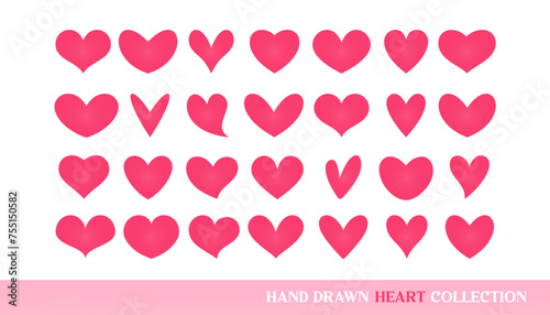 Different hand drawn hearts of different shapes isolated on white background.

