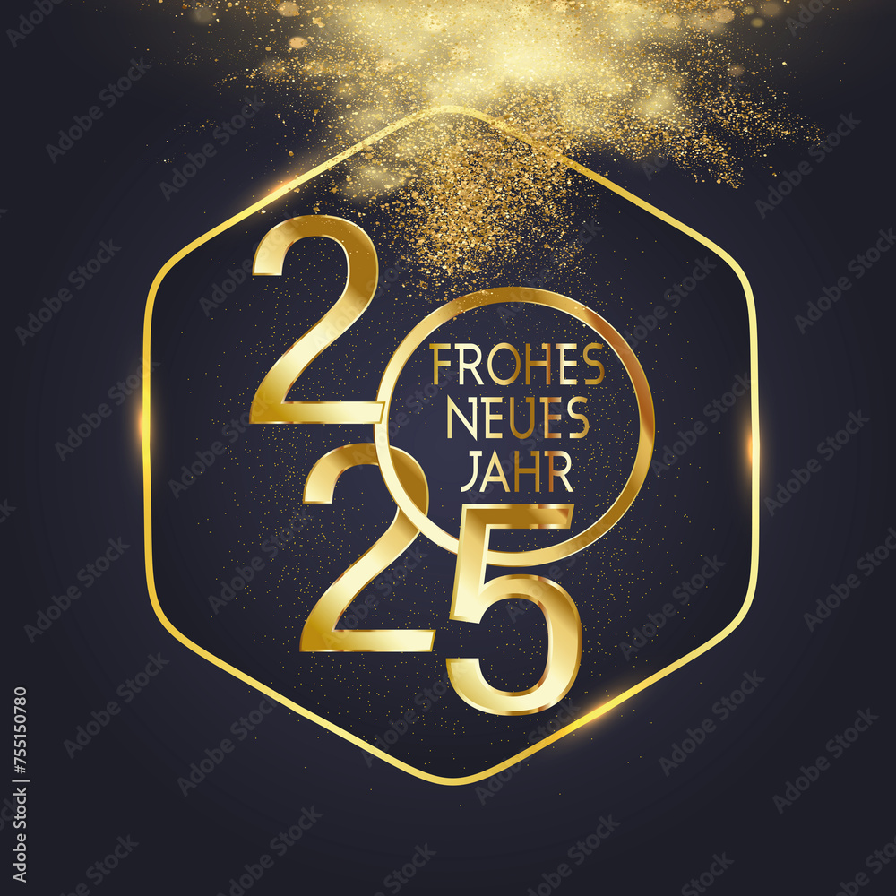 Karte oder Banner, um ein frohes neues Jahr 2025 zu wünschen, in Gold