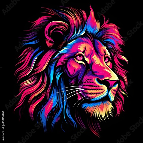 Colorful neon lion head on a black background, artistic and vibrant
