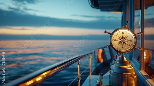 A close-up of a ship's helm at the helm stand, with the compass illuminated by the soft light of dawn. The ocean extends into the horizon, reflecting the morning sky.
