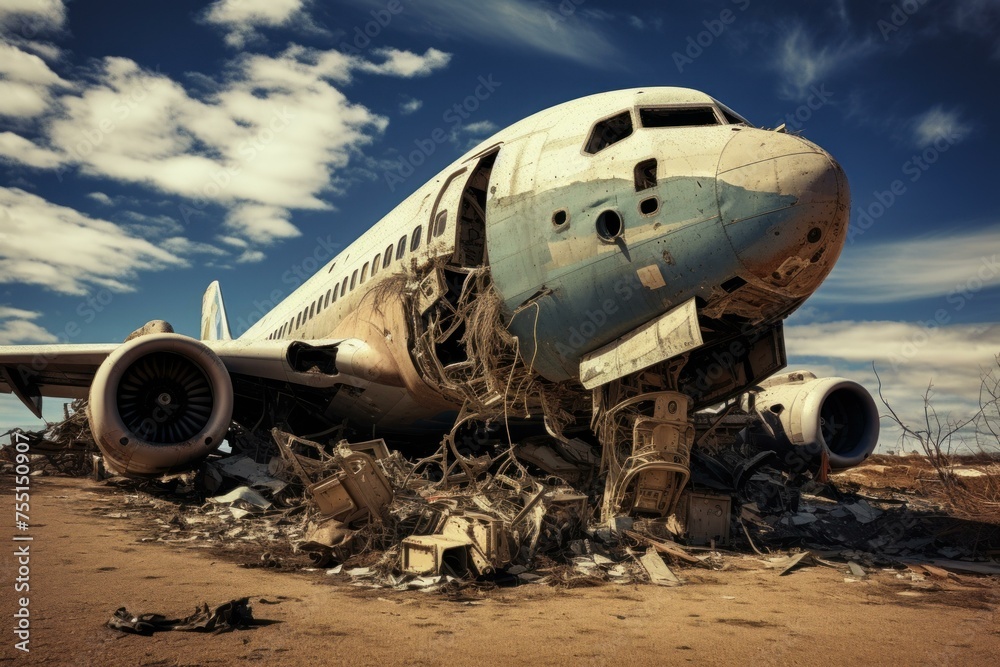 Rusted Ruined old airplane. Abandoned travel plane broken aviation. Generate Ai