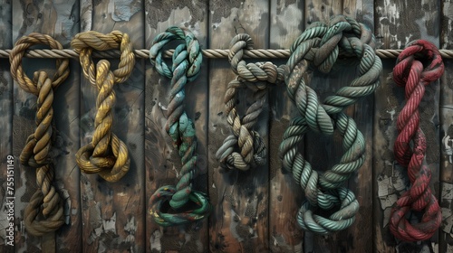 A detailed, realistic image of a maritime knot display, showcasing various types of knots used in seafaring against a backdrop of aged, weathered wood.