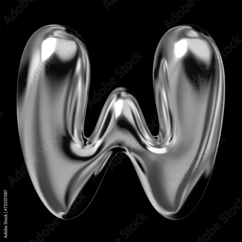 3D chrome letter W from English alphabet, Y2K retro typeface with inflated balloon bubble font style, rendered in liquid metal with glossy shiny fluid surface, vector isolated