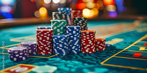 Exciting poker scene with colorful chips on a vibrant casino table. Concept Casino Scene, Poker Chips, Vibrant Table, Colorful Setting, Card Games
