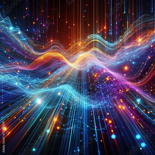 Light waves form pattern. Bright neon colors. Light lines flow. Particles add depth. Mood is energetic  futuristic. Themes - technology  digital innovations.