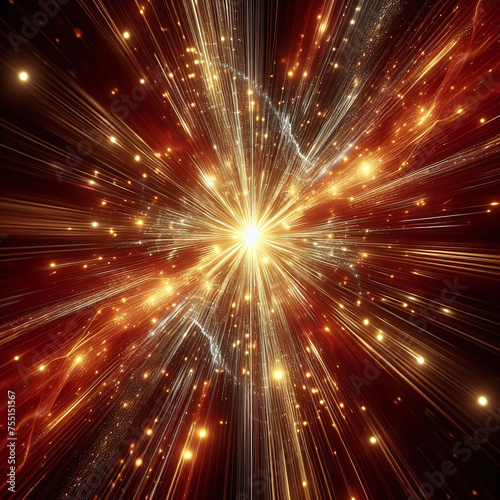 Explosion of light in various colors including red and yellow with a bright white light at the center radiating beams of light creating a dramatic effect against a dark background