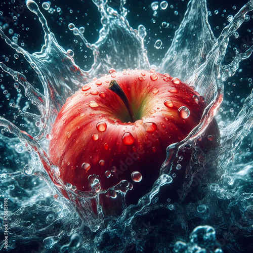 Bright red apple amidst dynamic water splash on dark background. High detail of droplets and waves. Energetic mood conveyed by image.