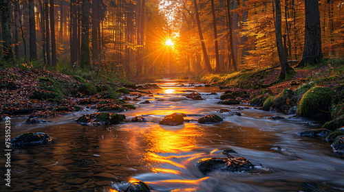 amazing autumn sunrise landscape, stream in the forest, picturesque morning dawn sunlight scenery, landscape nature colorful background