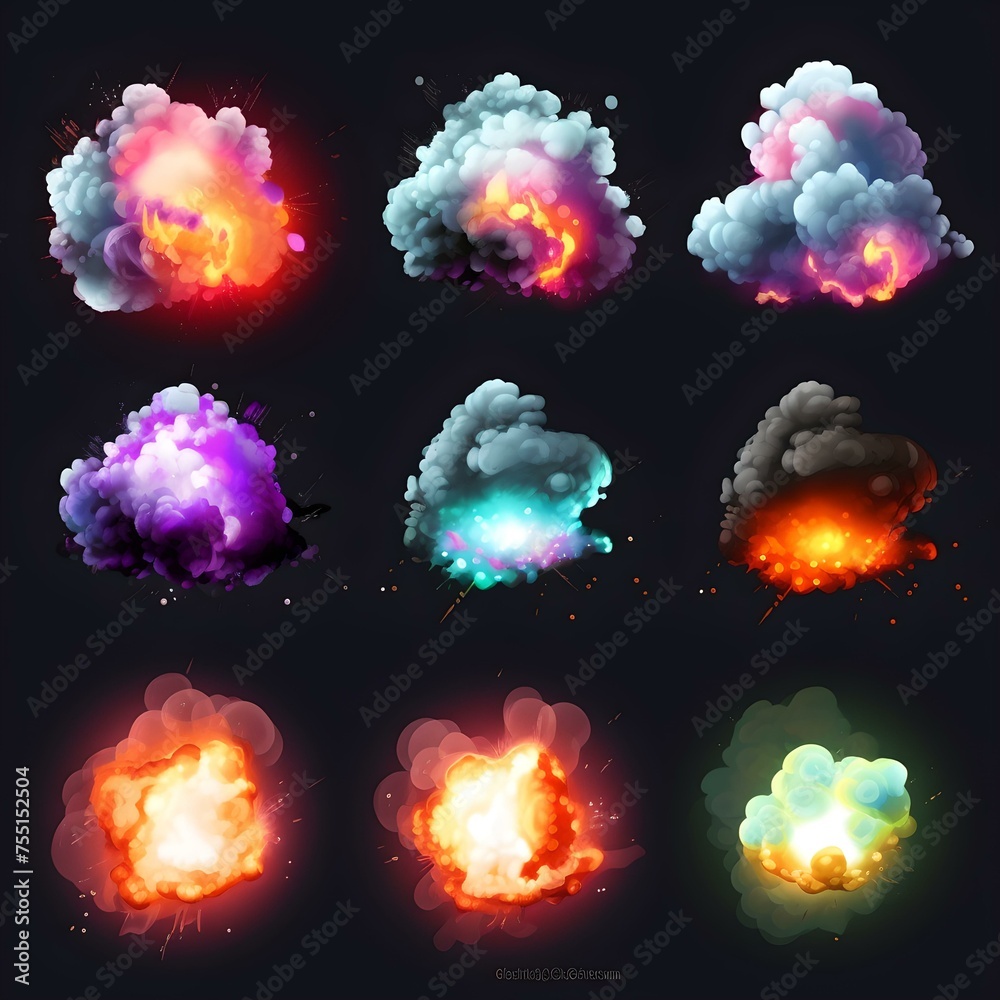 Collection of colorful explosive clouds and smoke effects on a dark background
