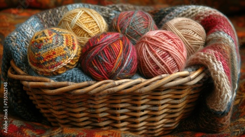 a basket filled with balls of yarn sitting on top of a colorful blanket next to a pile of knitted balls.
