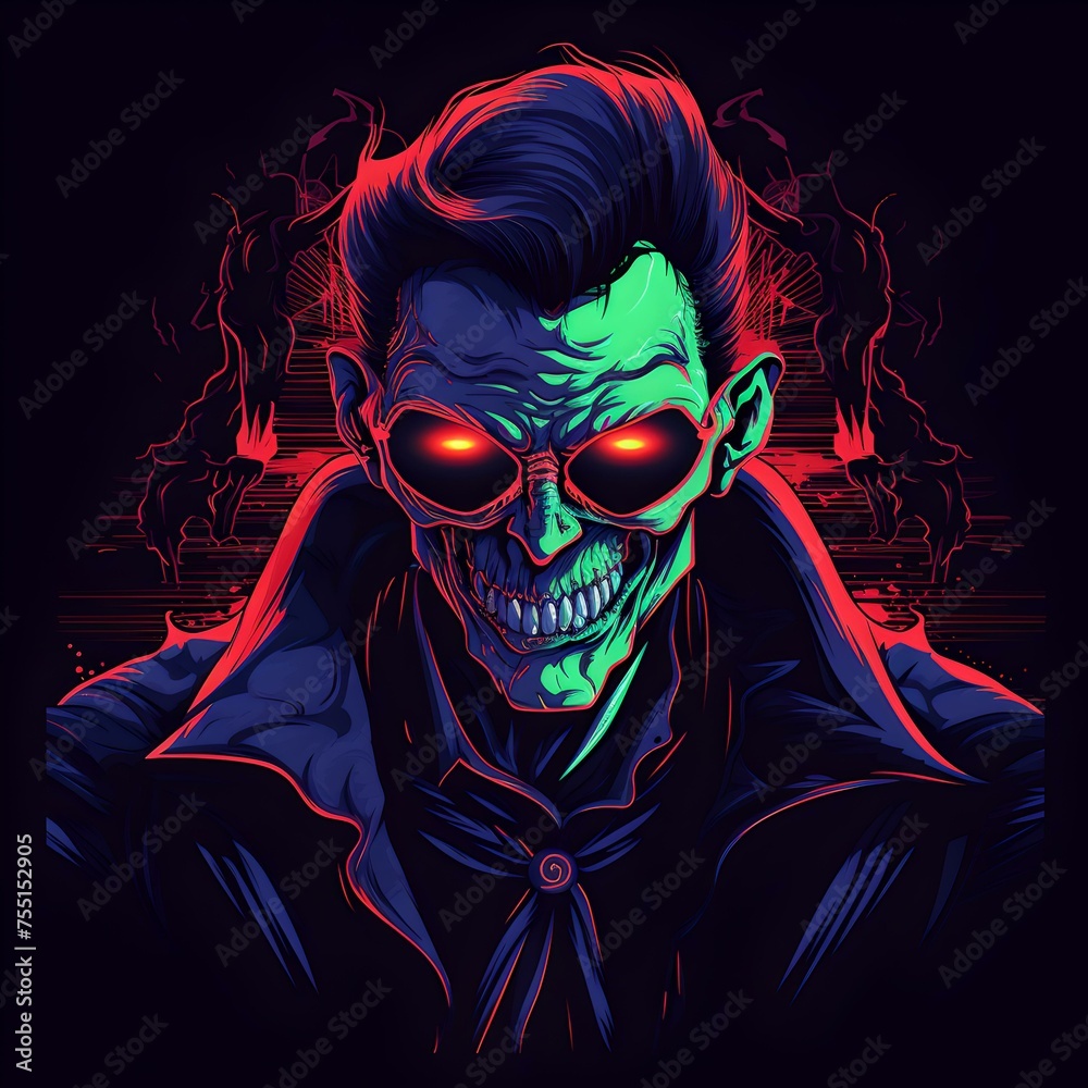 Neon-colored digital artwork of a menacing vampire with glowing red eyes