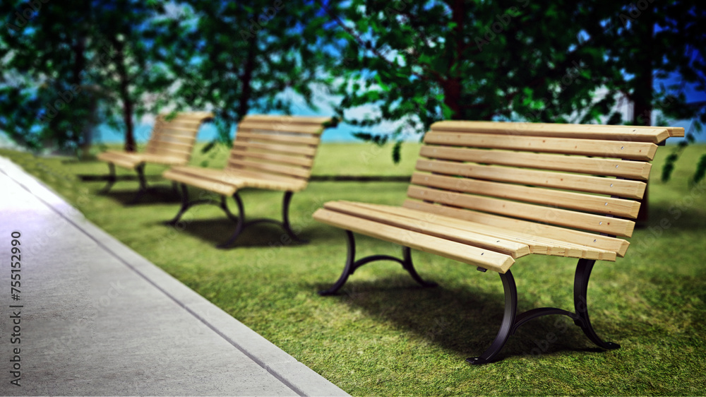 Wooden park benches in arow inside a park. 3D illustration Wooden park benches in arow inside a park. 3D illustration