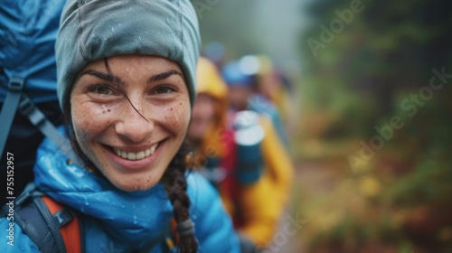 A happy woman wearing backpack and water on her face, smiling with cool water drops on her nose, eyebrows, eyelashes, and jaw, enjoying her travel adventure with stylish eyewear. AIG41 © Summit Art Creations