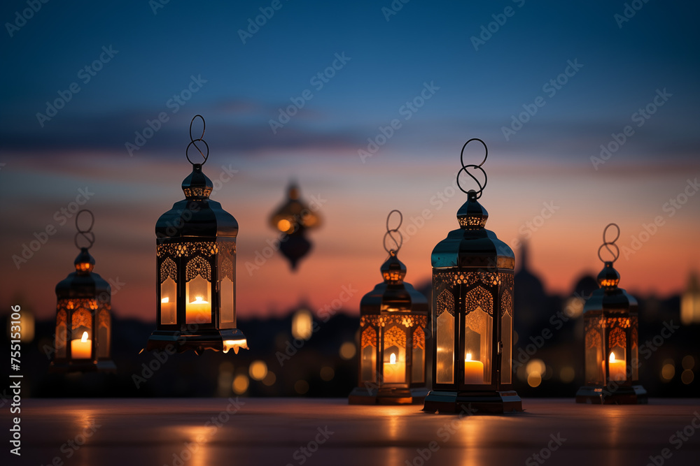 Fototapeta premium traditional Ramadan lanterns silhouetted against a twilight sky, Ramdan concept. 