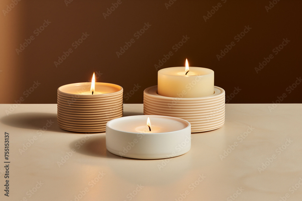 Three lit natural soy wax candles in varying sizes with a beige and white color scheme set against a warm brown background, exuding a tranquil and minimalist vibe. Three lit natural soy wax candles in varying sizes with a beige and white color scheme set against a warm brown background, exuding a tranquil and minimalist vibe.