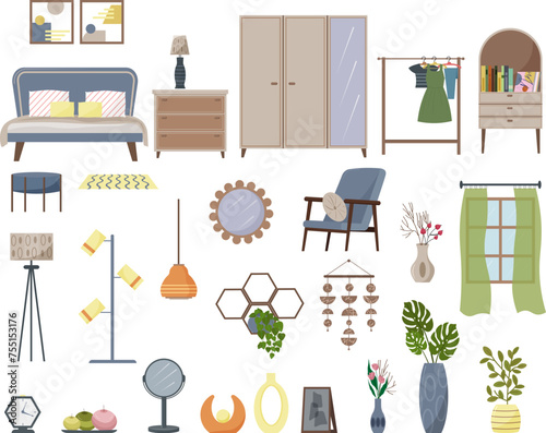 Bedroom interior. Furniture designer set for a room. Bed and nightstand, wardrobe with mirror, armchair and floor lamp. Decorative shelves with flowers, floor lamp and lamp, window with curtains