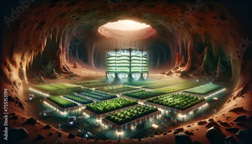 Futuristic underground farm with hydroponic systems in a cave-like setting © Maksim