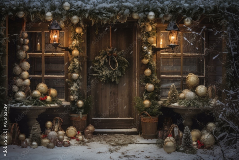 Naklejka premium Enchanting Rustic christmas entrance background. Home decor. Generate Ai