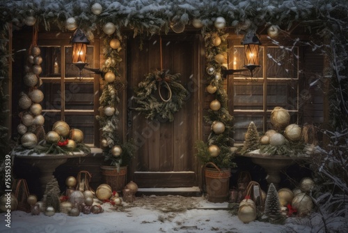 Enchanting Rustic christmas entrance background. Home decor. Generate Ai