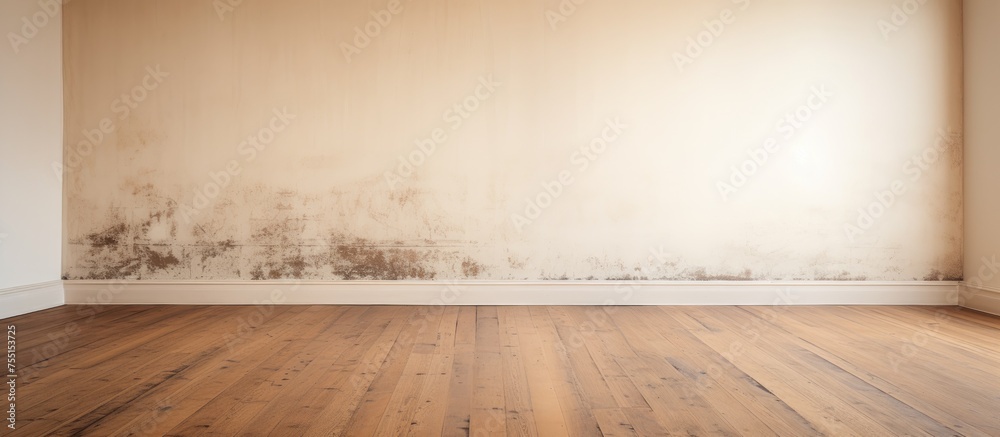 The image showcases an empty room with dingy white walls covered in mold, and a brown wooden floor. The room appears neglected and in need of renovation,