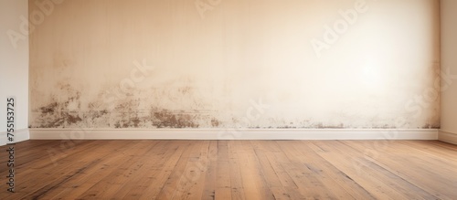 The image showcases an empty room with dingy white walls covered in mold, and a brown wooden floor. The room appears neglected and in need of renovation, photo