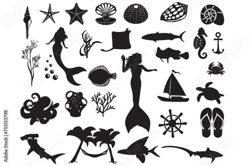 Sea Creatures Silhouette bUNDLE, Sea Animal,  Ocean Life, Underwater Creature, Ocean Animals, Seaworld Sea Life, Mermaid, Flounder, Sea ​​Shell, Octopus, Seahorse, Shark, Sting Ray, Crab, Beach