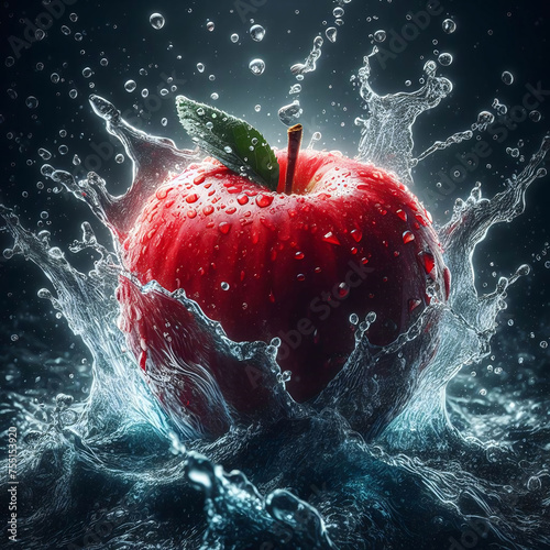 Bright red apple amidst dynamic water splash on dark background. Fresh juicy fruit with green leaf. High detail of droplets and waves. Energetic mood conveyed by image.