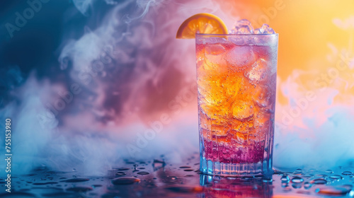 Closeup of orange and purple pink frozen rave party drink glass with ice cubes. Dramatic white smoke and neon lights background