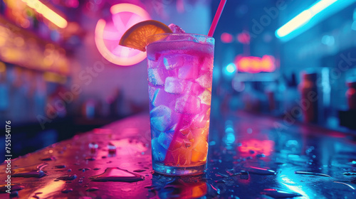 Closeup colorful frozen rave party drink glass with ice cubes on countertop in nightclub bar with orange, pink and blue neon lights background