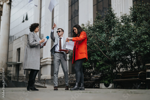 Three business colleagues engaging in a spirited discussion outside an office building, with documents tossed in the air.