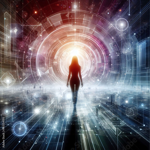 Futuristic digital interface with a female silhouette. Bright light effects on a dark blue background.