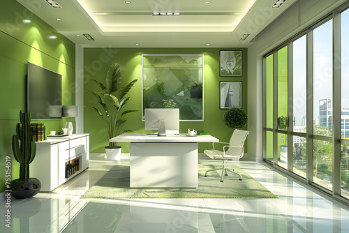 Modern office in a building with green walls, white desk, and computer