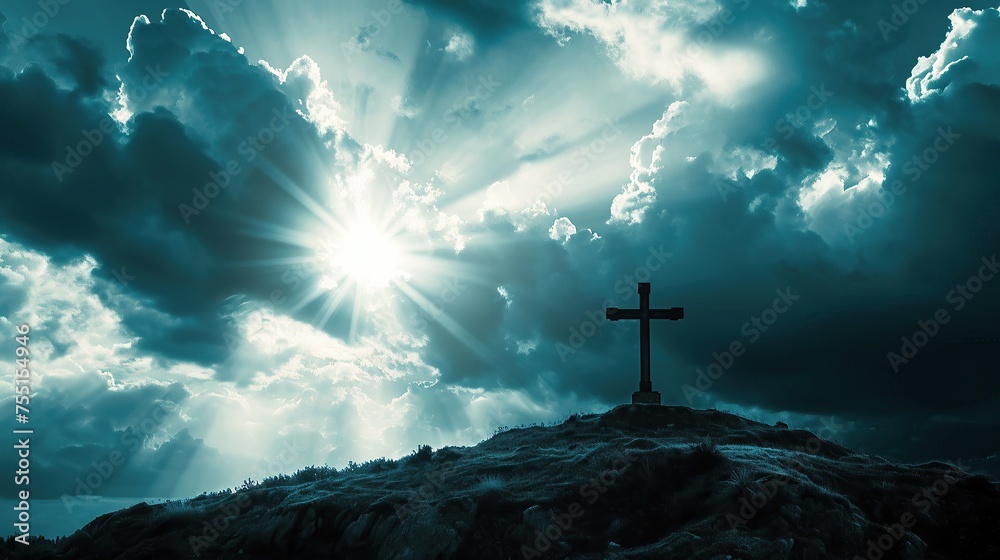Holy cross on Golgotha Hill, symbolizing death and resurrection under a divine sky. AI generative.