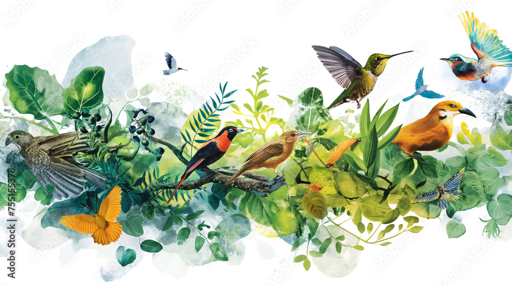 Obraz premium A colorful illustration bursting with various species of birds and lush plant life, evoking the diversity of a tropical habitat