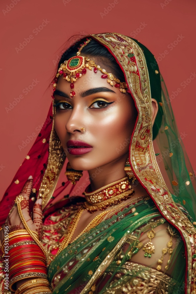 Hindu Woman in Green and Red Bridal Outfit. Generative AI