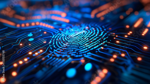 A digital fingerprint pattern integrated with electronic circuitry, depicting the high-tech interface of biometric security systems