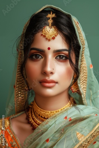 Indian Hindu Woman in Green and Gold Saree. Generative AI