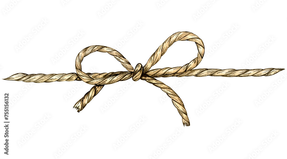 Watercolor hand drawn brown rope bow. Holiday ribbon for decorating. Cute bowknot for greeting cards, invitations, scrapbooking, packaging