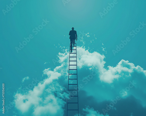 A lone figure ascends a ladder reaching into the expansive blue sky, a metaphor for personal growth and the pursuit of dreams among the clouds
