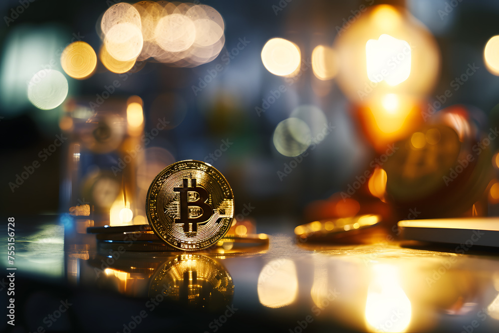 Fototapeta premium Golden Bitcoin Amidst Circuitry: A Glimpse into Digital Currency,Illuminated Bitcoin Amidst Intricate Computer Hardware Components