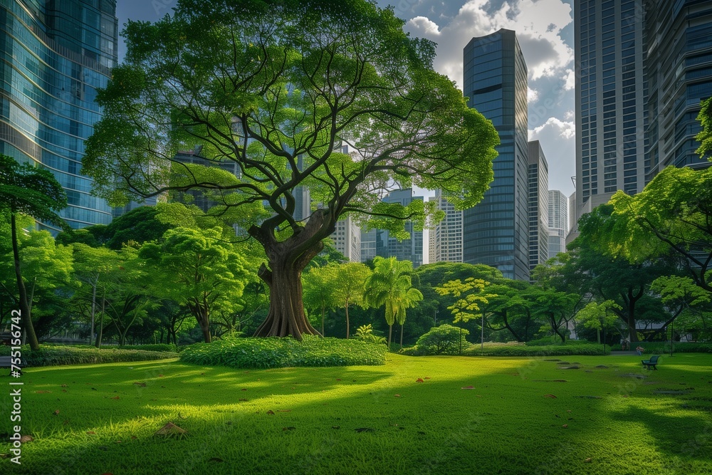 A Serene Park Nestled Among Skyscrapers, with an Ancient Tree at Its Center Serving as a Natural Monument to Urban Greening for Earth Day