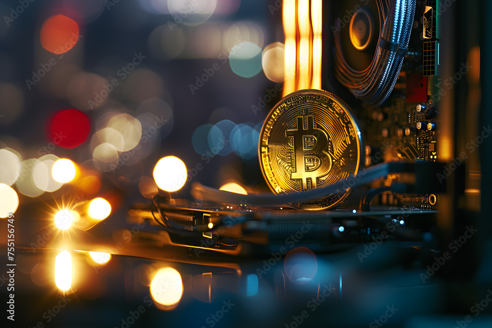 Fototapeta premium Golden Bitcoin Amidst Circuitry: A Glimpse into Digital Currency,Illuminated Bitcoin Amidst Intricate Computer Hardware Components