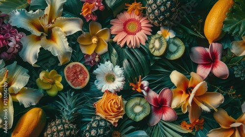 Background of tropical flowers and fruits.  AI generative. photo