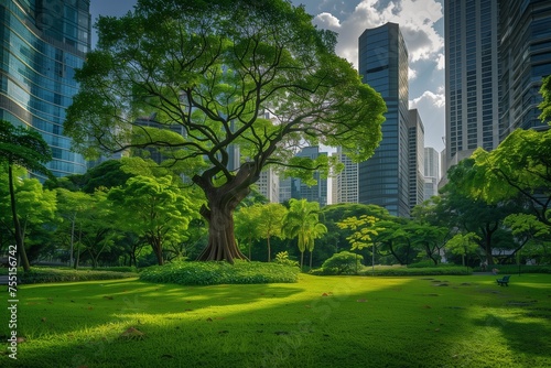 A Serene Park Nestled Among Skyscrapers, with an Ancient Tree at Its Center Serving as a Natural Monument to Urban Greening for Earth Day © SardarMuhammad