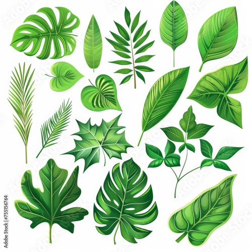 An illustration showcasing nine different types of green leaves  each with unique shapes and vein patterns  set against a white background