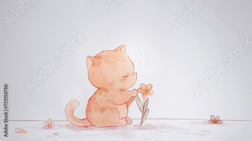 Cute funny kitten touching a flower with a paw on a white background, watercolor cartoon-style illustration