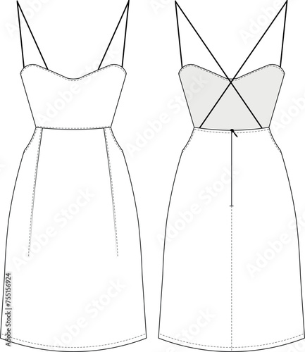 square neck sleeveless spaghetti straps strappy waist low cut zippered backless short knee length  a line dress gown template technical drawing flat sketch cad mockup fashion woman design style model
